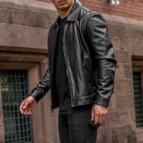 7 Diamonds Men's Genuine Leather Jacket Full Zip Bomber Buffalo Heavy Coat Black - Picture 2 of 11